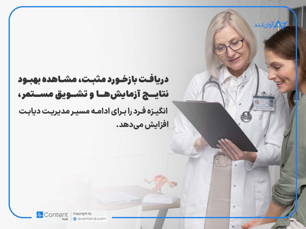 آموزش دیابت و اهمیت آن در مدیریت دیابت: دریافت بازخورد مثبت، مشاهده بهبود نتایج آزمایشها و تشویق مستمر، انگیزه فرد را برای ادامه مسیر مدیریت دیابت افزایش میدهد.